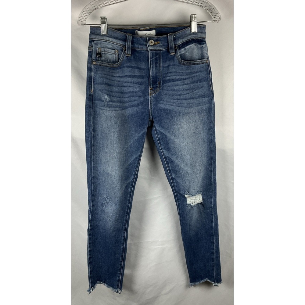 Kancan  Women's Size 27 Distressed Jeans Medium Wash Stretch Cut Hem Cropped